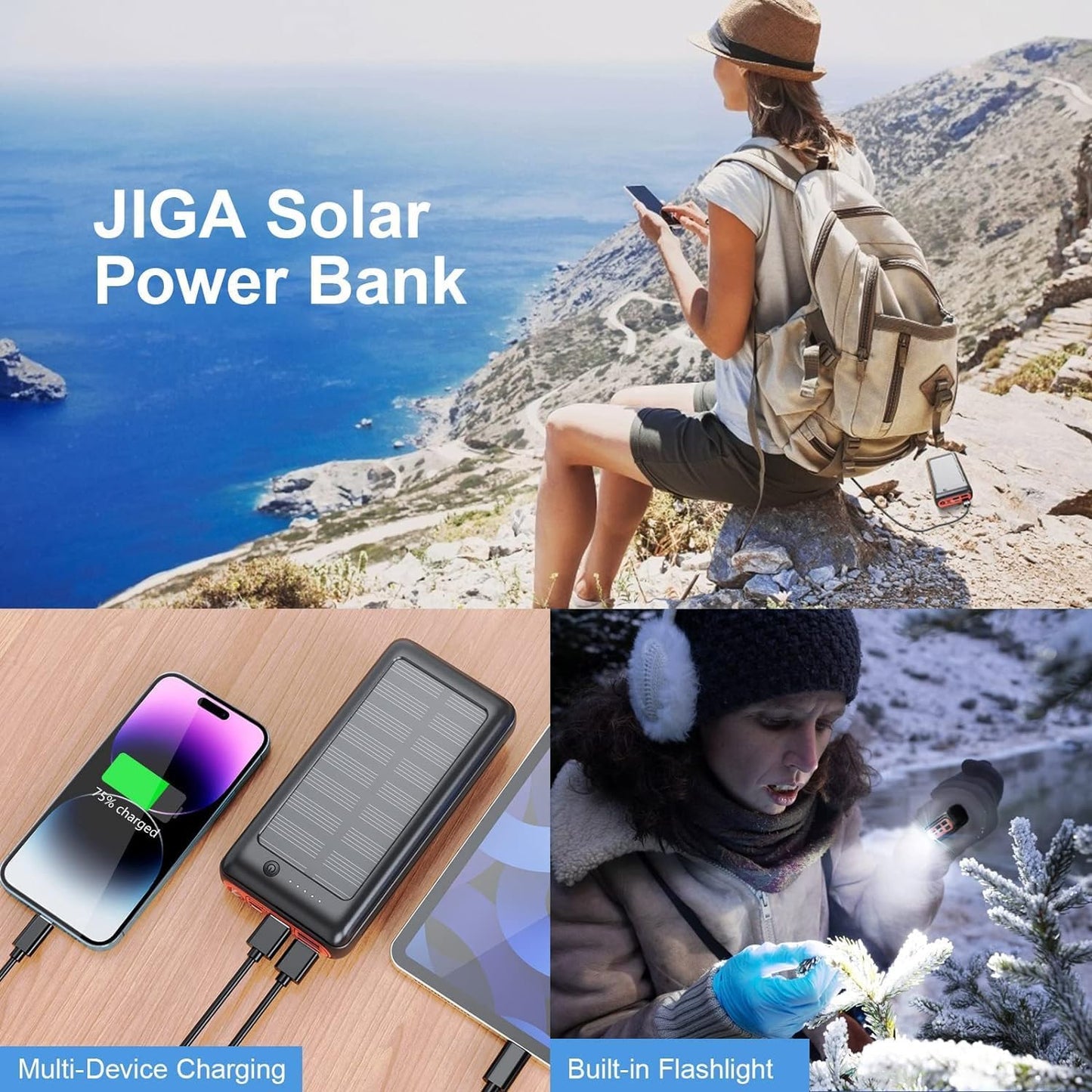 JIGA Solar Charger, 30000mAh Solar Power Bank, Quick Portable Charger Pack with 4 Inputs 3 Outputs & Flashlight, External Backup Battery Huge Capacity Phone Charger for iPhone, iPad, Samsung etc