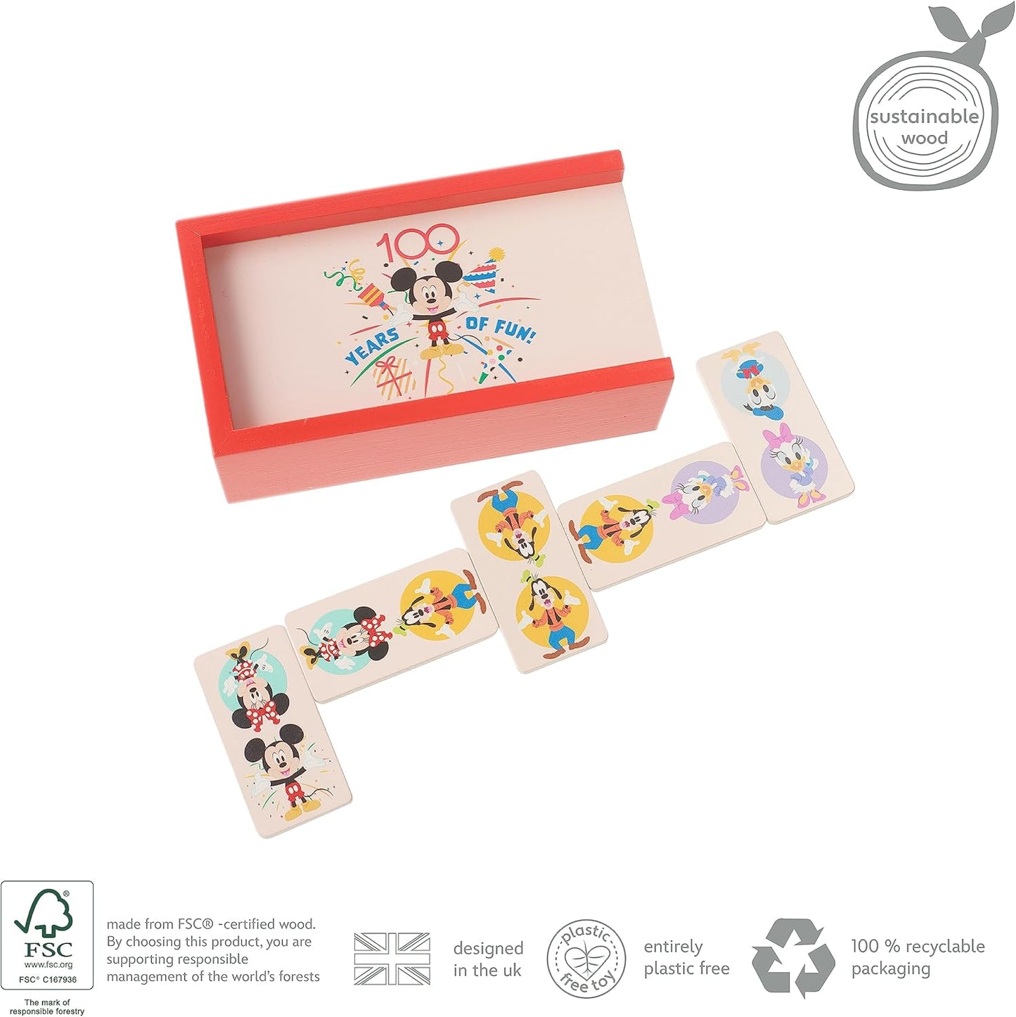 Disney 100th Anniversary Wooden Dominoes Set for Kids, Educational Toys for 3 Year Olds, Childrens Dominoes Games, Wooden Toddler Toys for Boy Girl - Official Licensed Disney Gifts by Orange Tree Toys