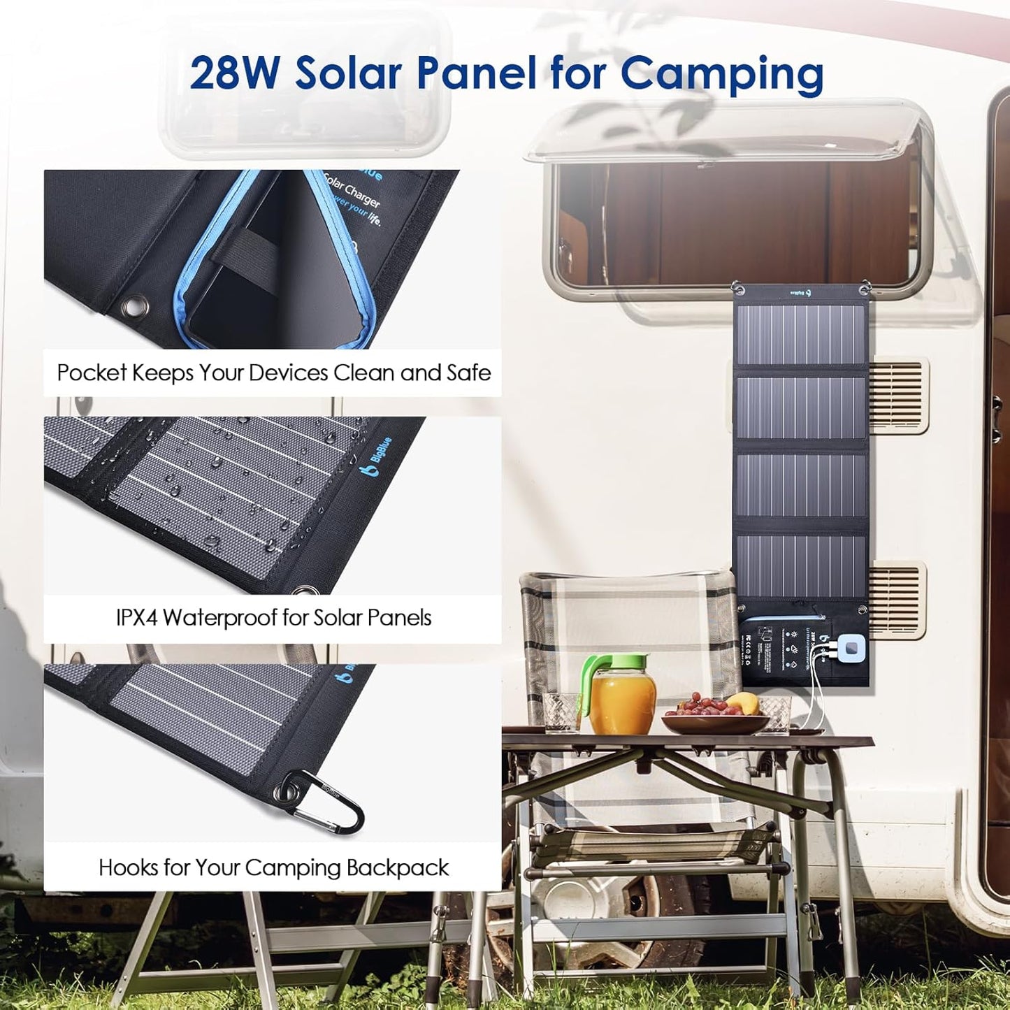 BigBlue Portable Solar Charger 28W with Digital Ammeter, 25.4% High-Efficiency, Dual USB Ports, Folding Waterproof Solar Panels with Carabiners for Camping, Backpacking, Phones, Tablets, Power Bank