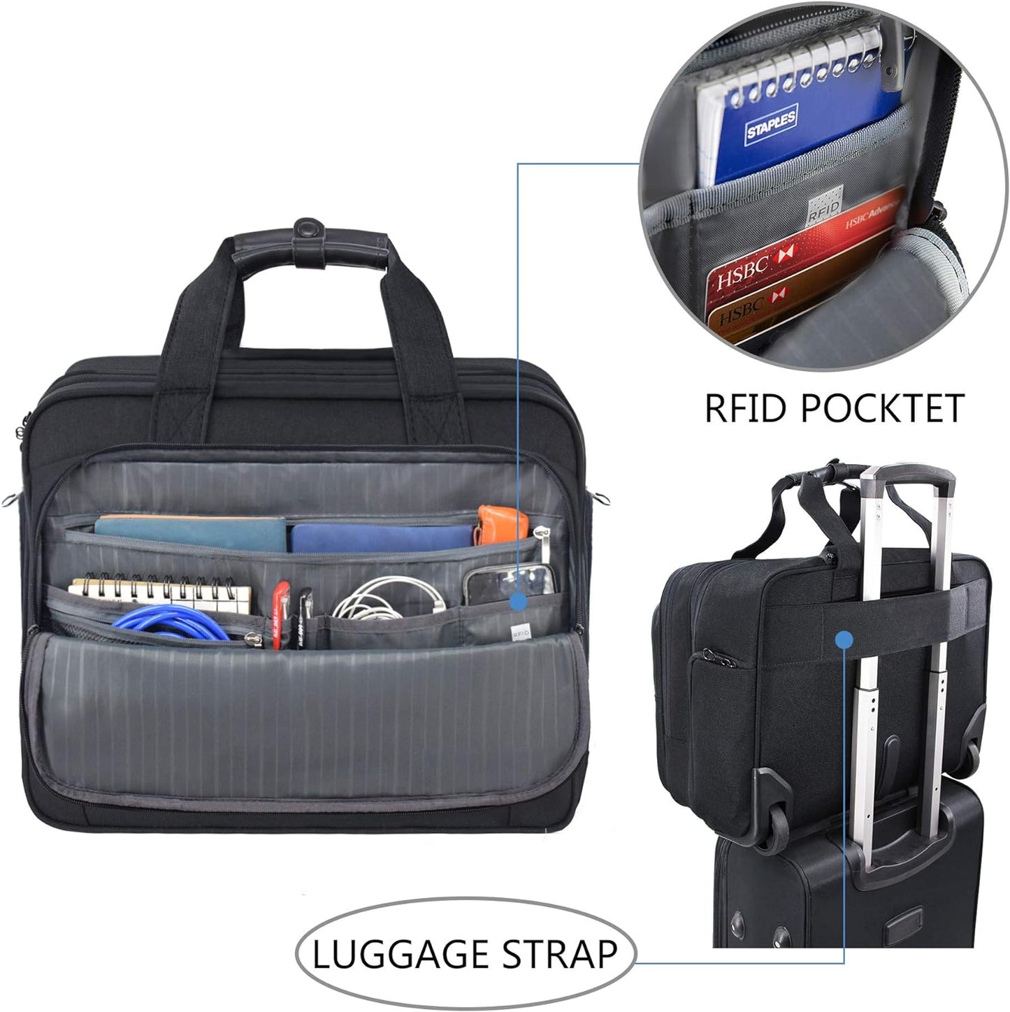 KROSER Rolling Laptop Bag Premium Wheeled Briefcase Fits Up to 17.3 Inch Laptop Overnight Roller Case Computer Bag with RFID Pockets for Travel/Business/Men/Women-Black
