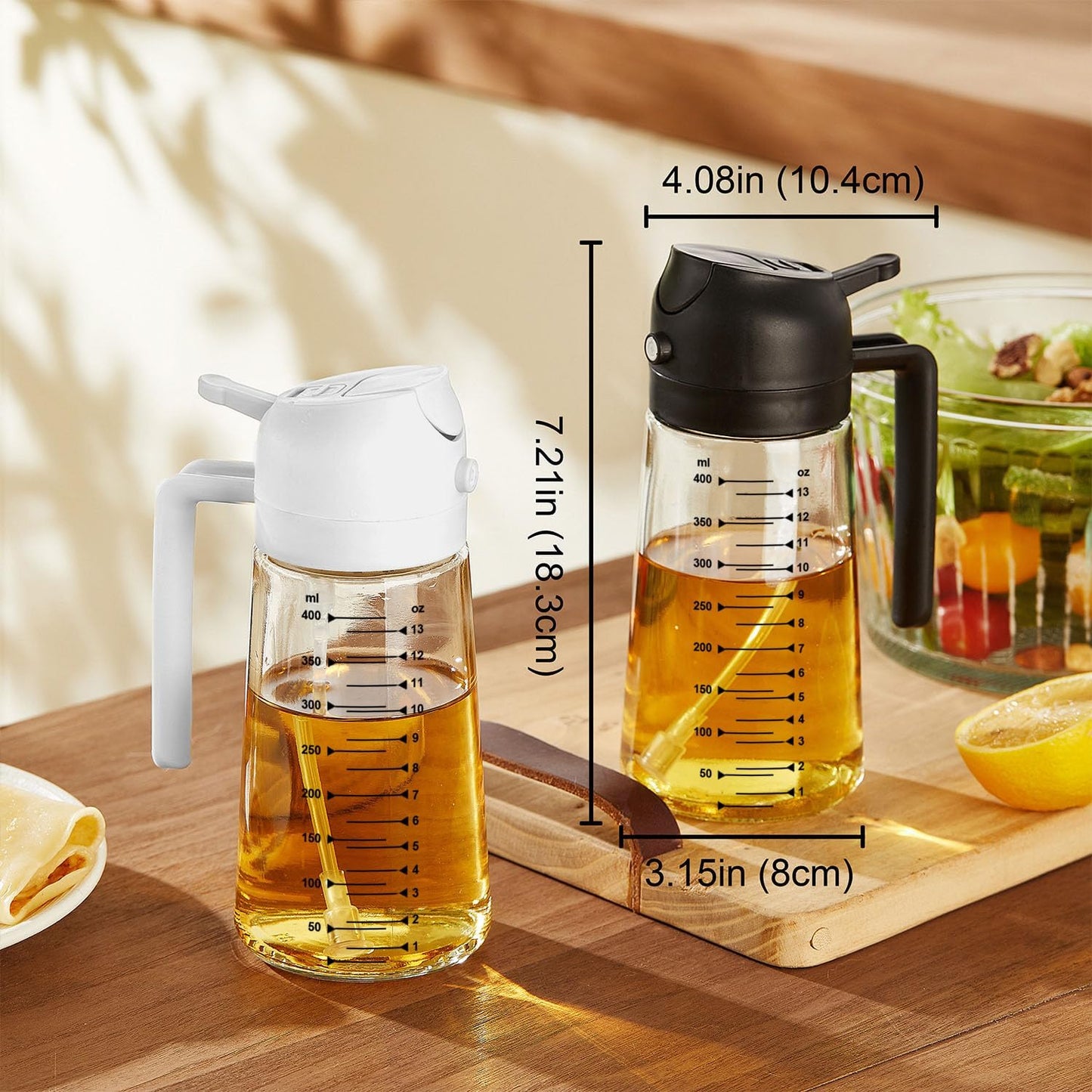 TrendPlain 16oz/470ml Glass Olive Oil Sprayer for Cooking - 2 in 1 Olive Oil Dispenser for Kitchen Gadgets, Air Fryer, Salad, and BBQ - Black