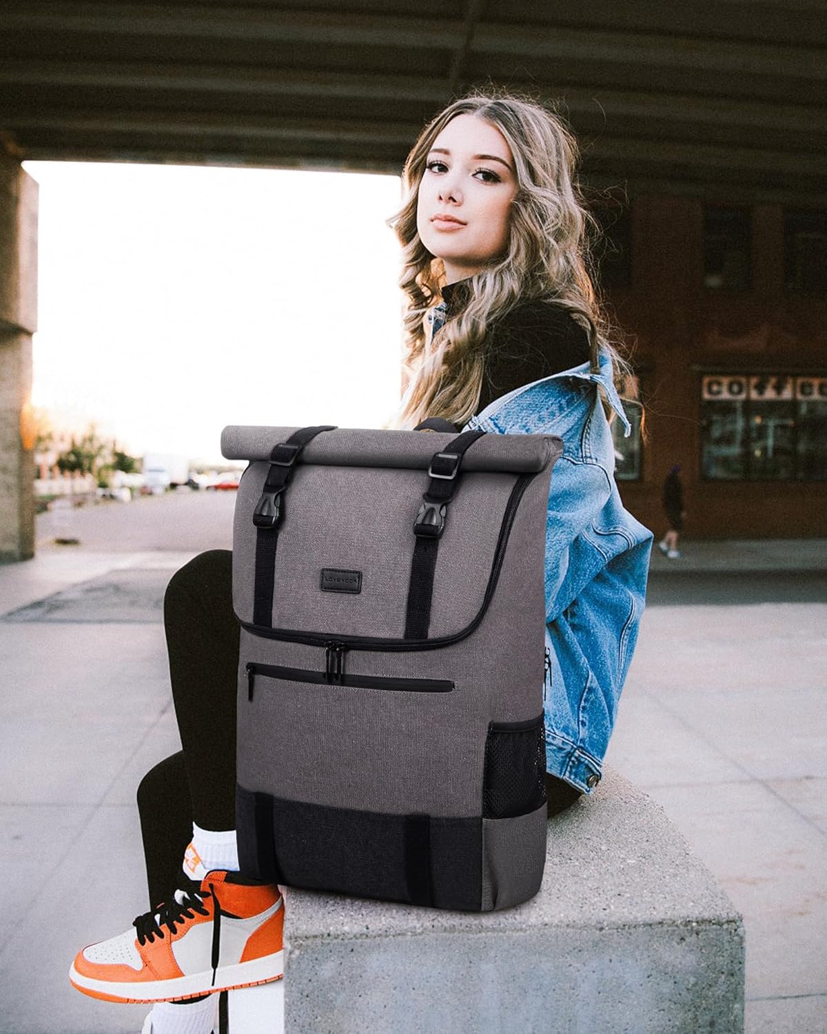 LOVEVOOK Backpack Men Women Large Rolltop Laptop Backpack 17.3 Inch Waterproof Rolling Backpack School Backpack for University Work Travel Business, Canvas Grey