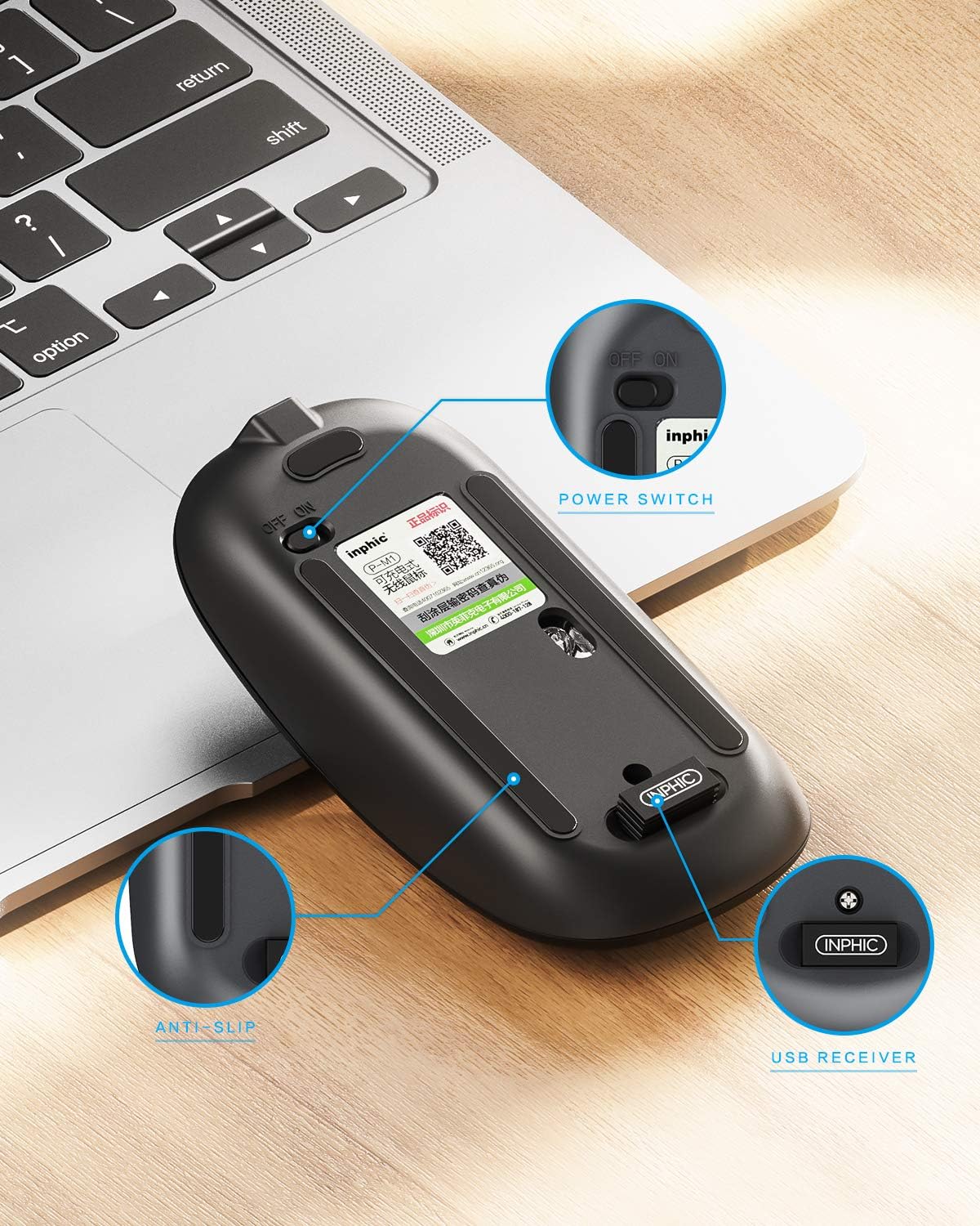 INPHIC Slim Wireless Mouse Rechargeable, Battery Visible, 2.4G Silent Cordless,1600 DPI with USB Receiver, Black