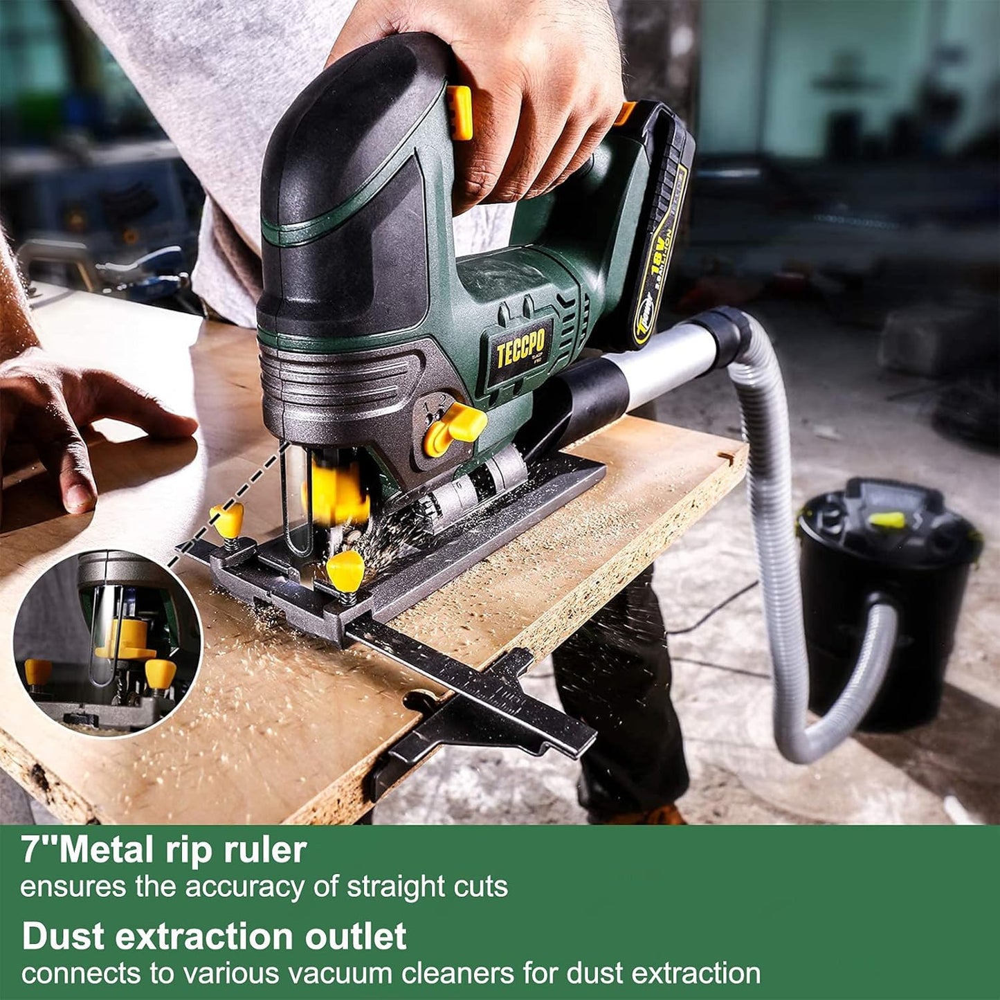 Cordless Jigsaw, TECCPO 18V Jig Saw, 2x2000mAh Battery, 30 Minute Fast Charger 2.0Ah, LED Light, 0~2300SPM, Stroke Height 22mm, Maximum Cutting Angle 45 °, Six Saw Blades /TDJA22P