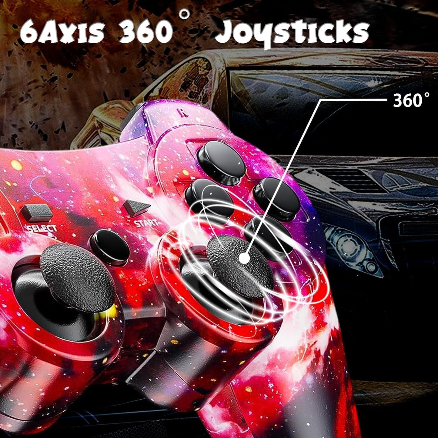 Zeion PS3 Controller Wireless, Gaming Remote Joystick for Playstation 3 with Charger Cable Cord (Red Star, Black Ghost)