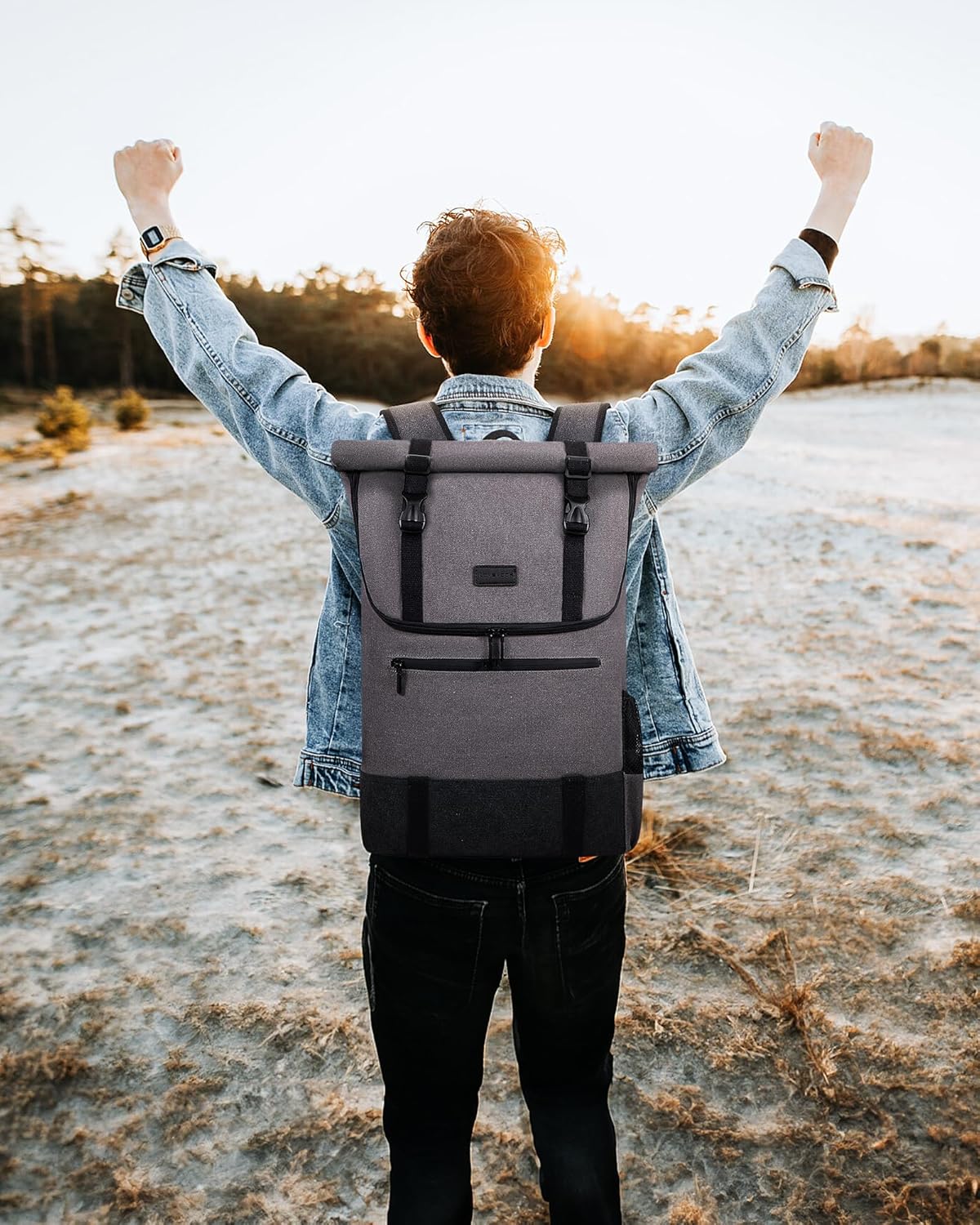 LOVEVOOK Backpack Men Women Large Rolltop Laptop Backpack 17.3 Inch Waterproof Rolling Backpack School Backpack for University Work Travel Business, Canvas Grey
