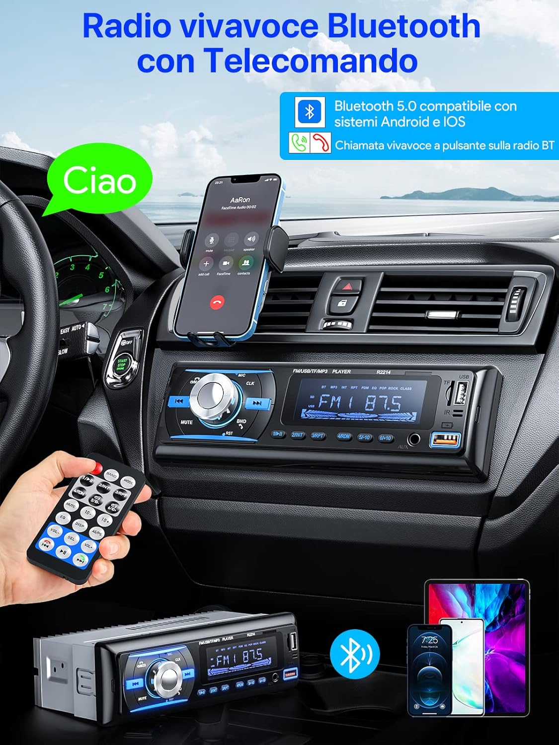 Chismos R2214 4x65W Bluetooth 5.0 Car Radio, FM/AM/RDS with Remote, USB/AUX/SD/TF/MP3/WMA/WAV Player, 1 DIN Stereo, Handsfree, iOS/Android Compatible