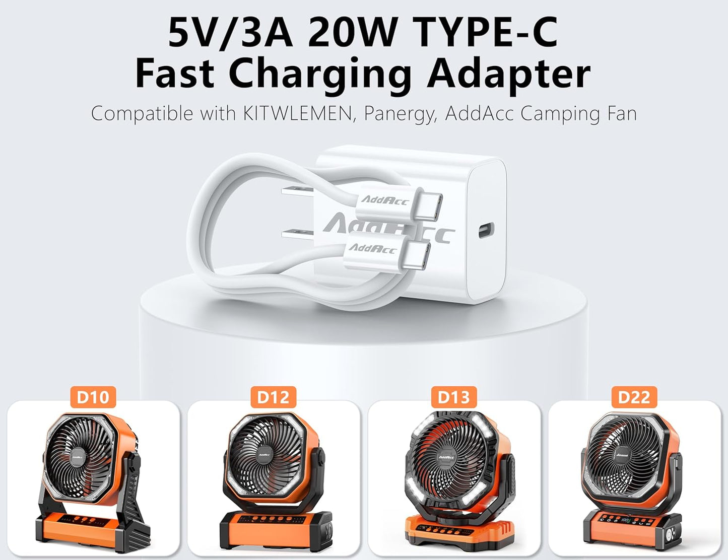20W USB C Charger Block Compatible KITWLEMEN, ONLYNEW Rechargeable Camping Fan, Amacool Stroller Fan, VENTY Portable Fan, 5V/3A Charging Adapter, 3.3FT Fast Type-C Charger Cable