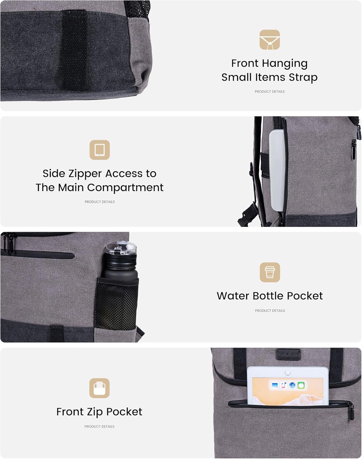 LOVEVOOK Backpack Men Women Large Rolltop Laptop Backpack 17.3 Inch Waterproof Rolling Backpack School Backpack for University Work Travel Business, Canvas Grey