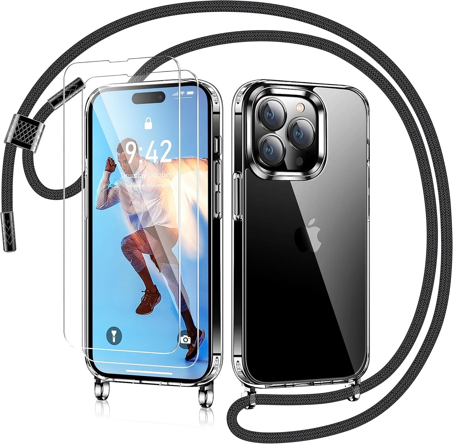 AROYI Mobile Phone Chain for iPhone 14 Pro , Case with Strap and Pack of 2 Screen Protectors, Transparent Ultra Hybrid Mobile Phone Case for iPhone 14 with Chain for Neck Strap, Removable,
