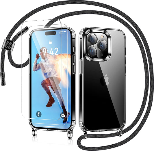 AROYI Mobile Phone Chain for iPhone 14 Pro , Case with Strap and Pack of 2 Screen Protectors, Transparent Ultra Hybrid Mobile Phone Case for iPhone 14 with Chain for Neck Strap, Removable,