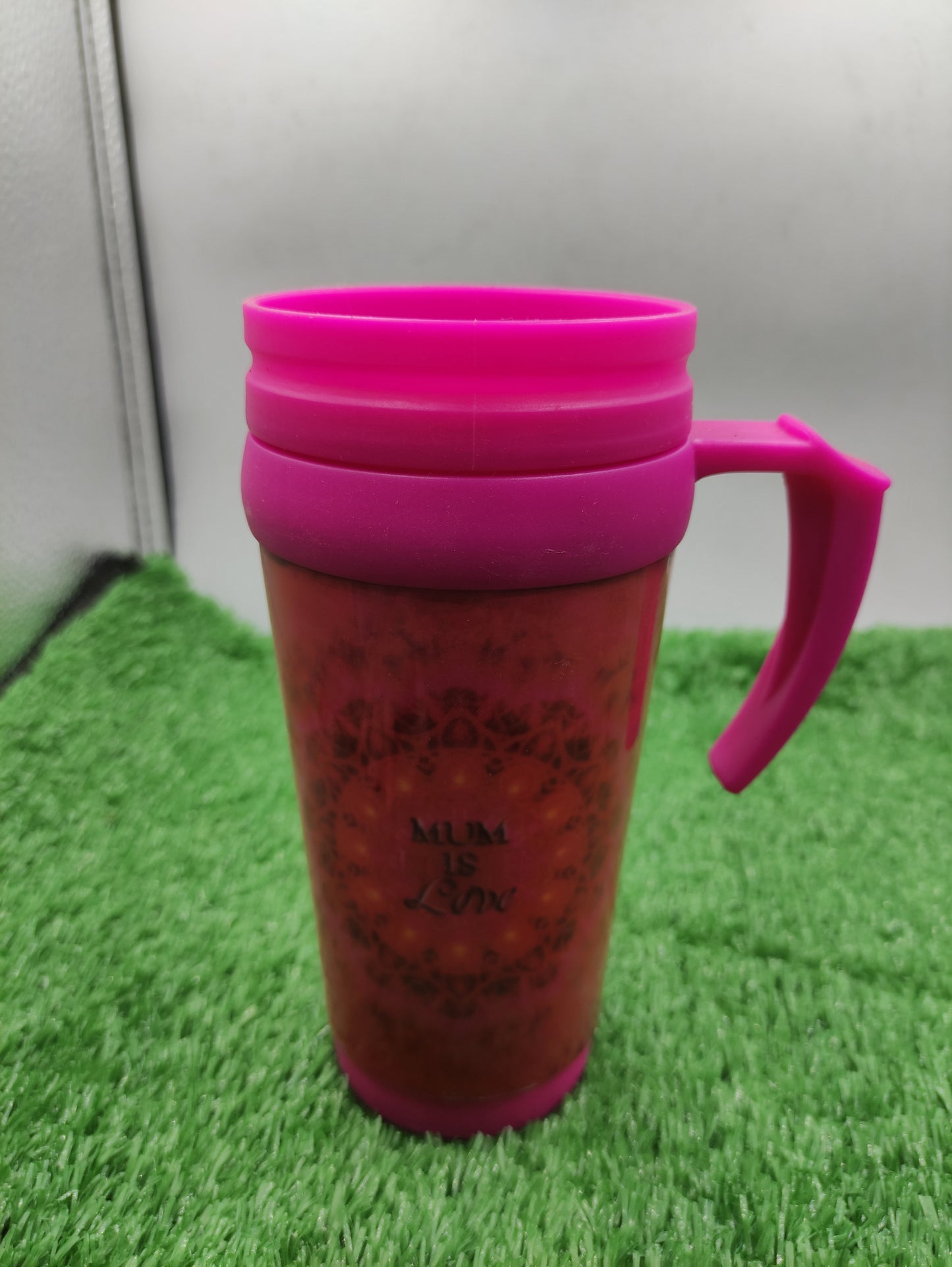 PINK TRAVEL MUG OR TUMBLER WITH A HANDLE