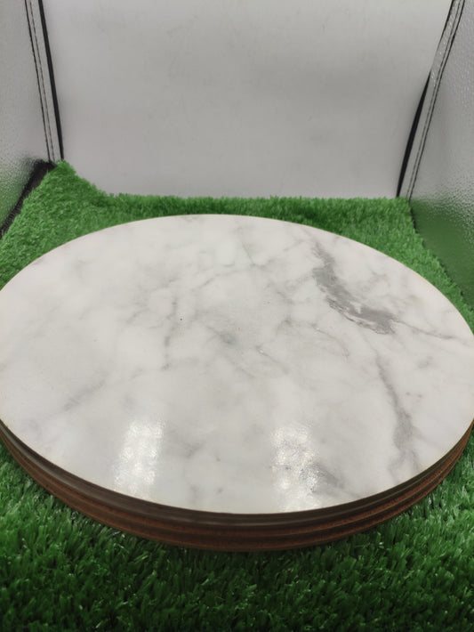WHITE MARBLE LAZY SUSAN OR CAKE TRNTABLE WITH A WOODEN BASE