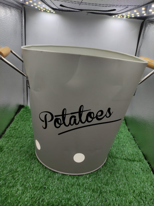 GRAY METAL VINTAGE STYLE POTATO STORAGE CONTAINER WITH WOODEN HANDLE