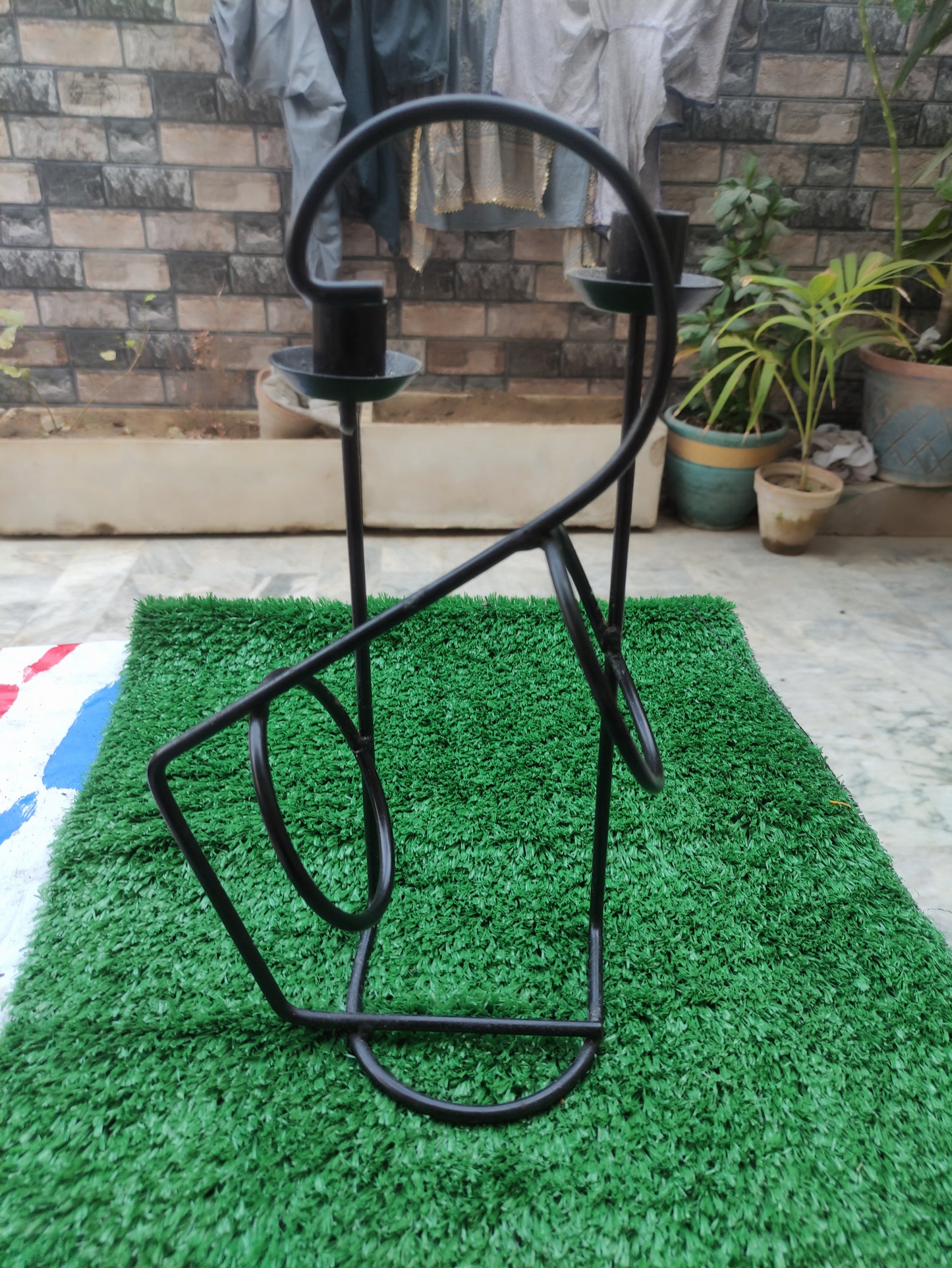 METAL WINE BOTTLE AND DOUBLE CANDLE HOLDER