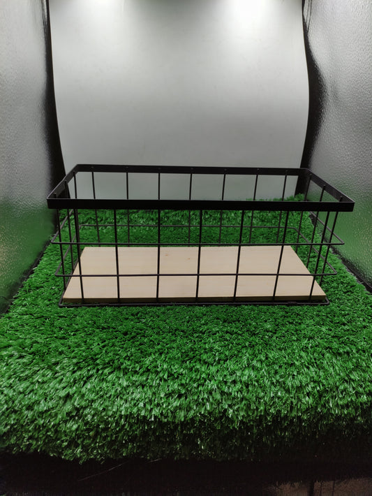 METAL WIRE STORAGE BASKET WITH A WOODEN BASE