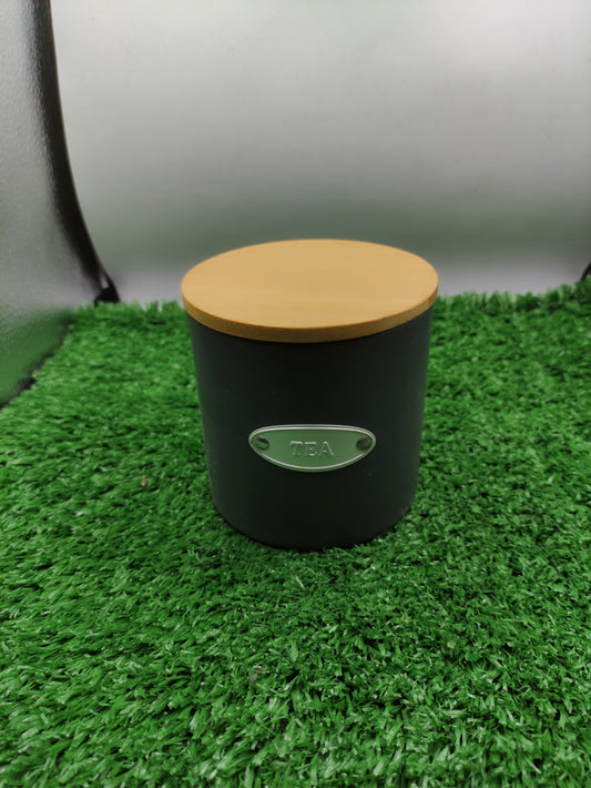 MATTE BLACK CERAMIC TEA CANISTER WITH AN ACACIA WOOD LID